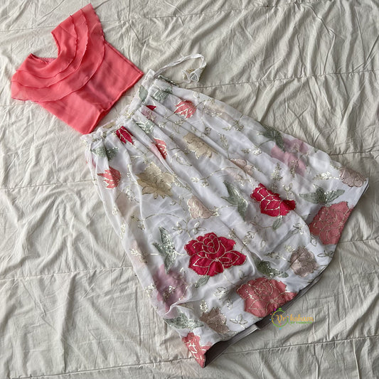 White & Peach Colour Embroidered Girls Lehenga Set -VS3771