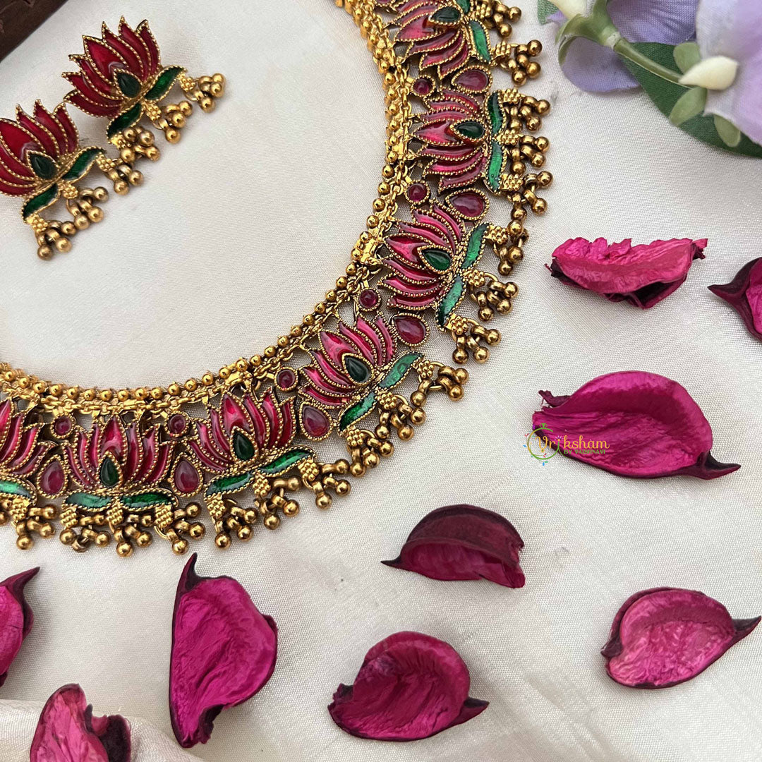 Vriksham Antique Gold Shine Red Lotus Style With Green Leaf Choker Neckpiece-Gold Bead-G20385
