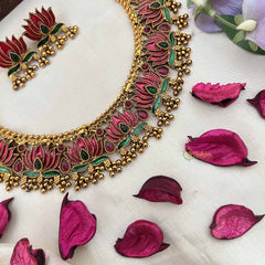 Vriksham Antique Gold Shine Red Lotus Style With Green Leaf Choker Neckpiece-Gold Bead-G20385