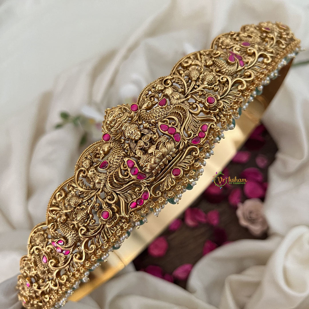 Vriksham Peacock Embossed Lakshmi Waist Ornament Bridal Hipbalt-Red-Green Bead-G19628