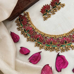 Vriksham Antique Gold Shine Red Lotus Style With Green Leaf Choker Neckpiece-Gold Bead-G20385