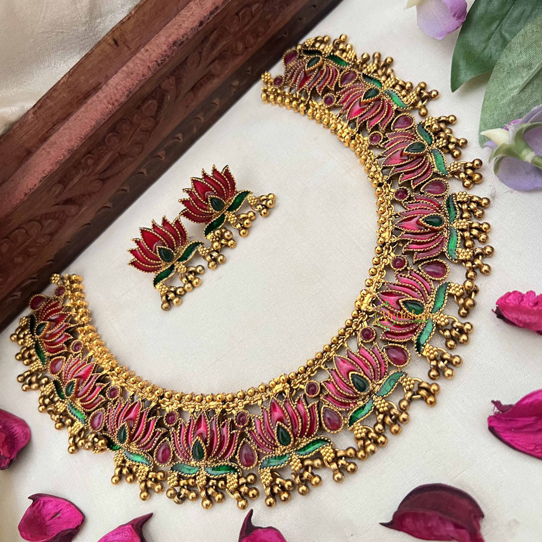 Vriksham Antique Gold Shine Red Lotus Style With Green Leaf Choker Neckpiece-Gold Bead-G20385