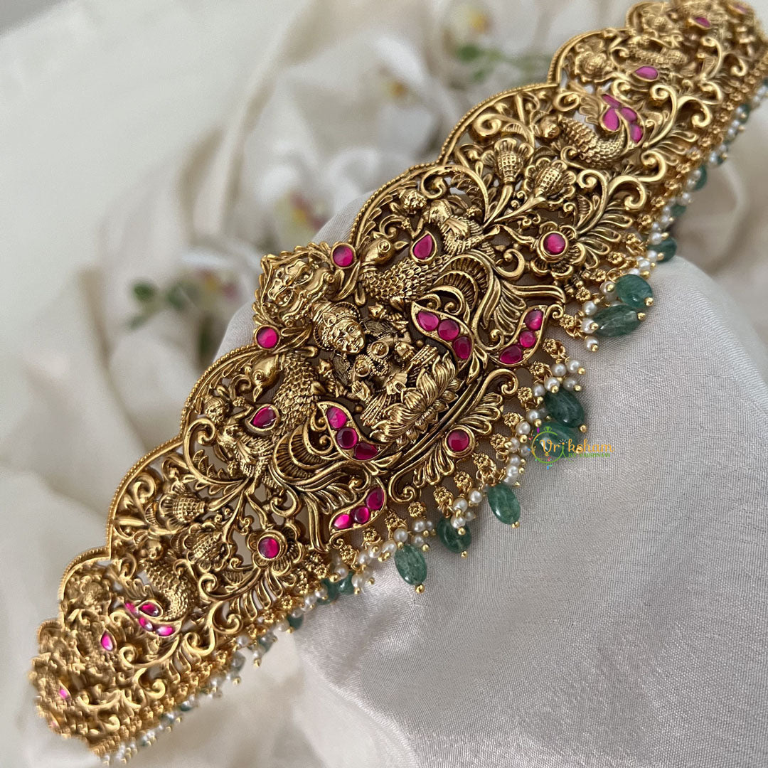 Vriksham Peacock Embossed Lakshmi Waist Ornament Bridal Hipbalt-Red-Green Bead-G19628