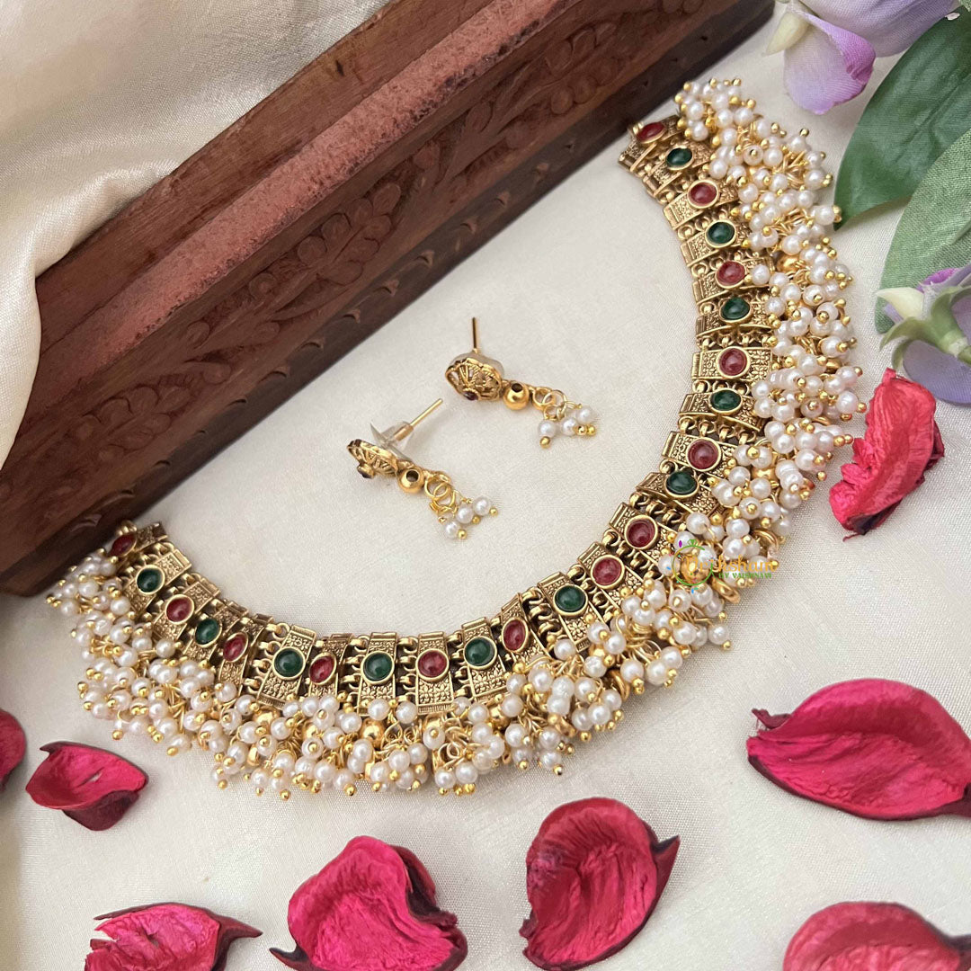 Vriksham Unique Gold Look Pearls Style Choker Neckpiece-Green Red-G20386