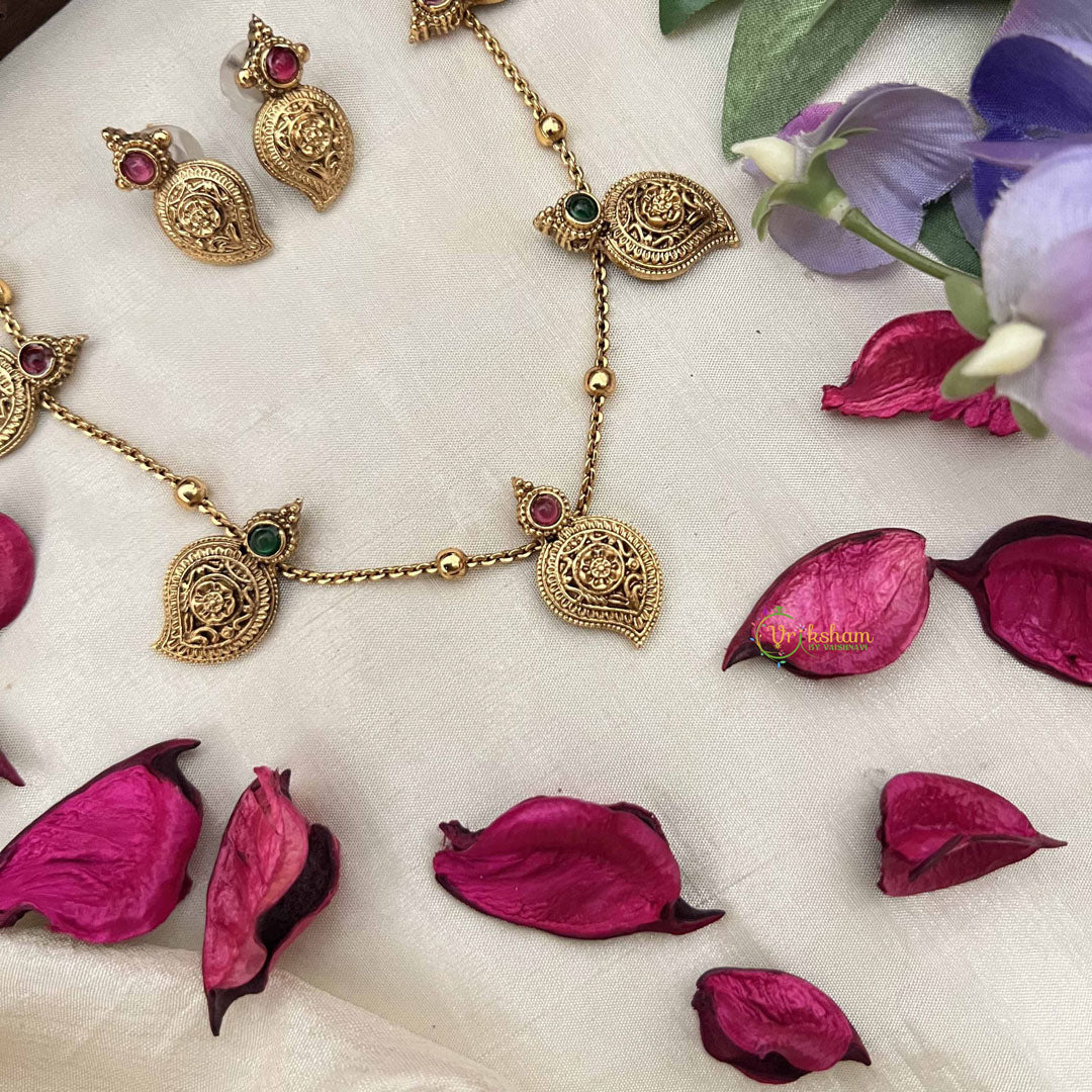 Vriksham Premium Golden Manga With Gold Chain Neckpiece-Red Green-G20395