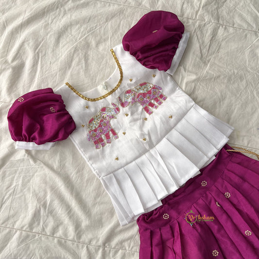 Magenta & White Colour Embroidered Girls Lehenga Set -VS3761