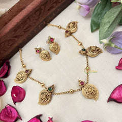 Vriksham Premium Golden Manga With Gold Chain Neckpiece-Red Green-G20395