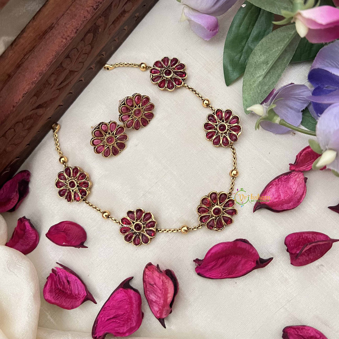 Vriksham Designer Red Floral With Gold Tone Chain Neckpiece-G20393