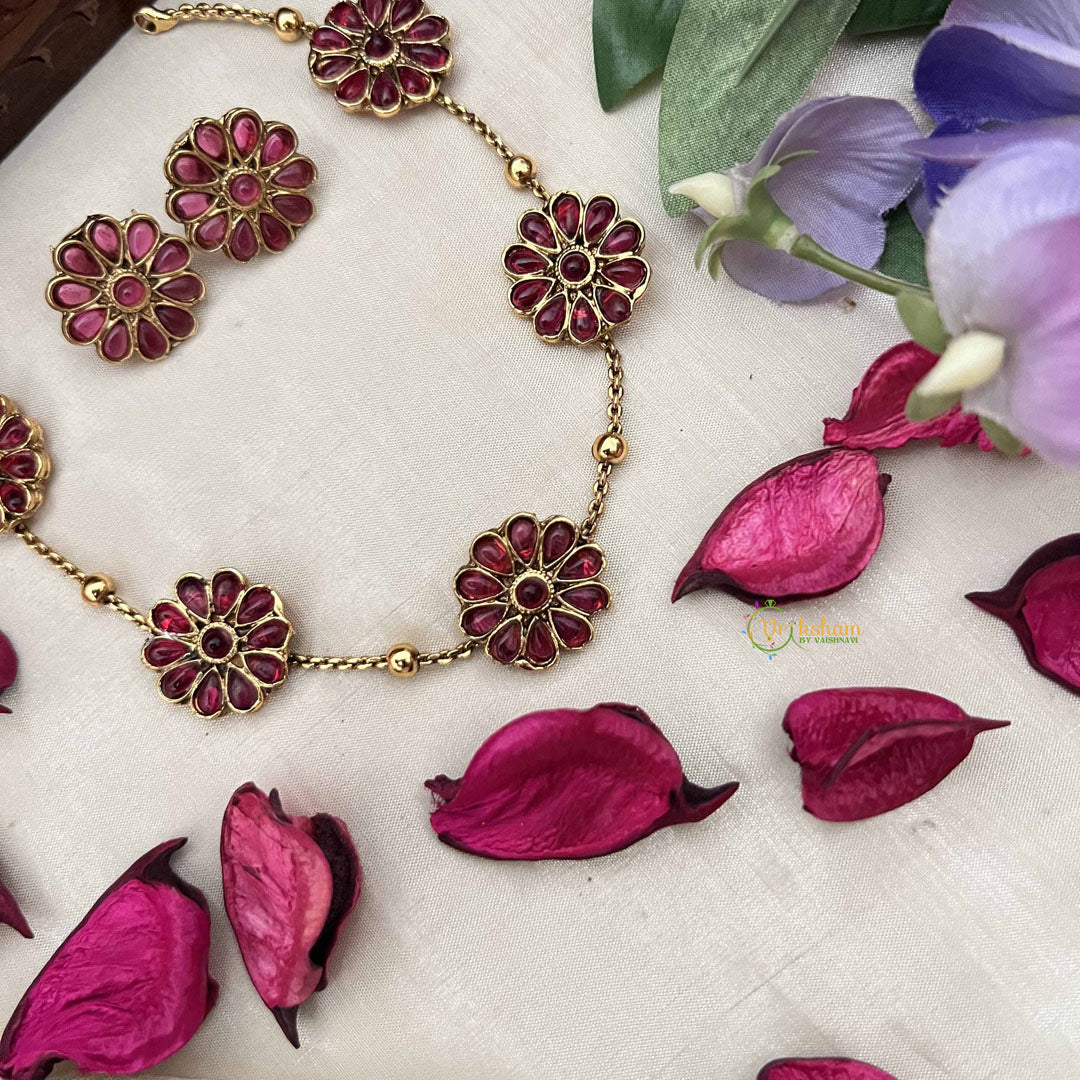 Vriksham Designer Red Floral With Gold Tone Chain Neckpiece-G20393