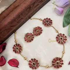 Vriksham Designer Red Floral With Gold Tone Chain Neckpiece-G20393