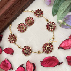 Vriksham Designer Red Floral With Gold Tone Chain Neckpiece-G20393