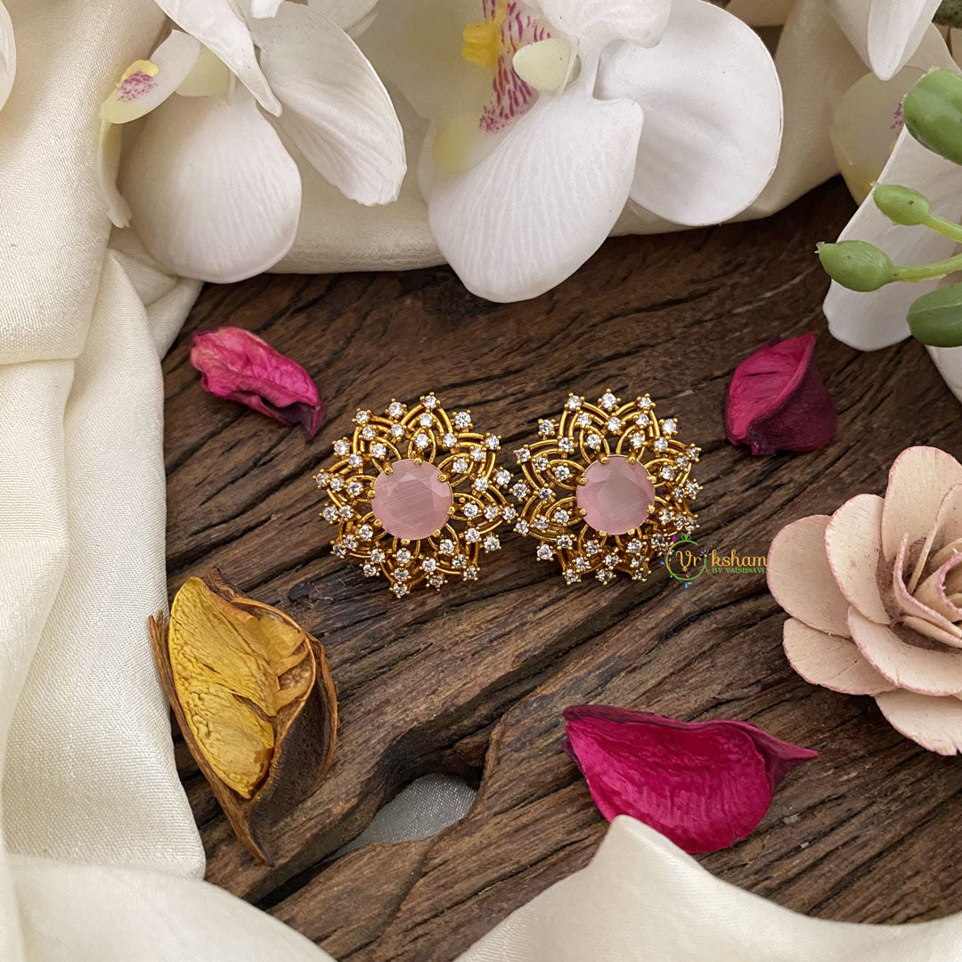 Vriksham AD Stone Floral Studs-Pastel Pink-G16641
