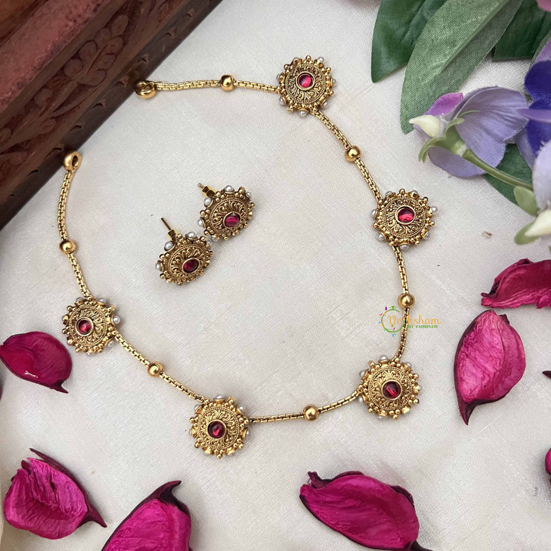 Vriksham Elegant 5 Sunflower Sparkle Gold Tone Round Neckpiece-Red-G20380