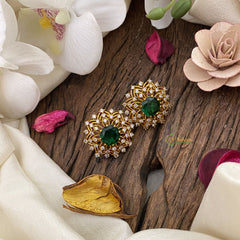 Vriksham AD Stone Floral Studs-Green-G16639