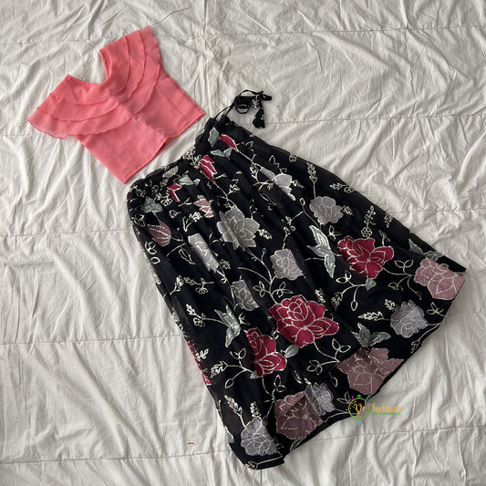 Black & Peach Colour Embroidered Girls Lehenga Set -VS3774