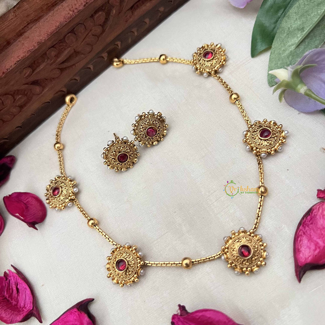 Vriksham Elegant 5 Sunflower Sparkle Gold Tone Round Neckpiece-Red-G20380