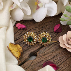 Vriksham AD Stone Floral Studs-Green-G16639