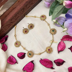 Vriksham Elegant 5 Sunflower Sparkle Gold Tone Round Neckpiece-Red Green-G20381