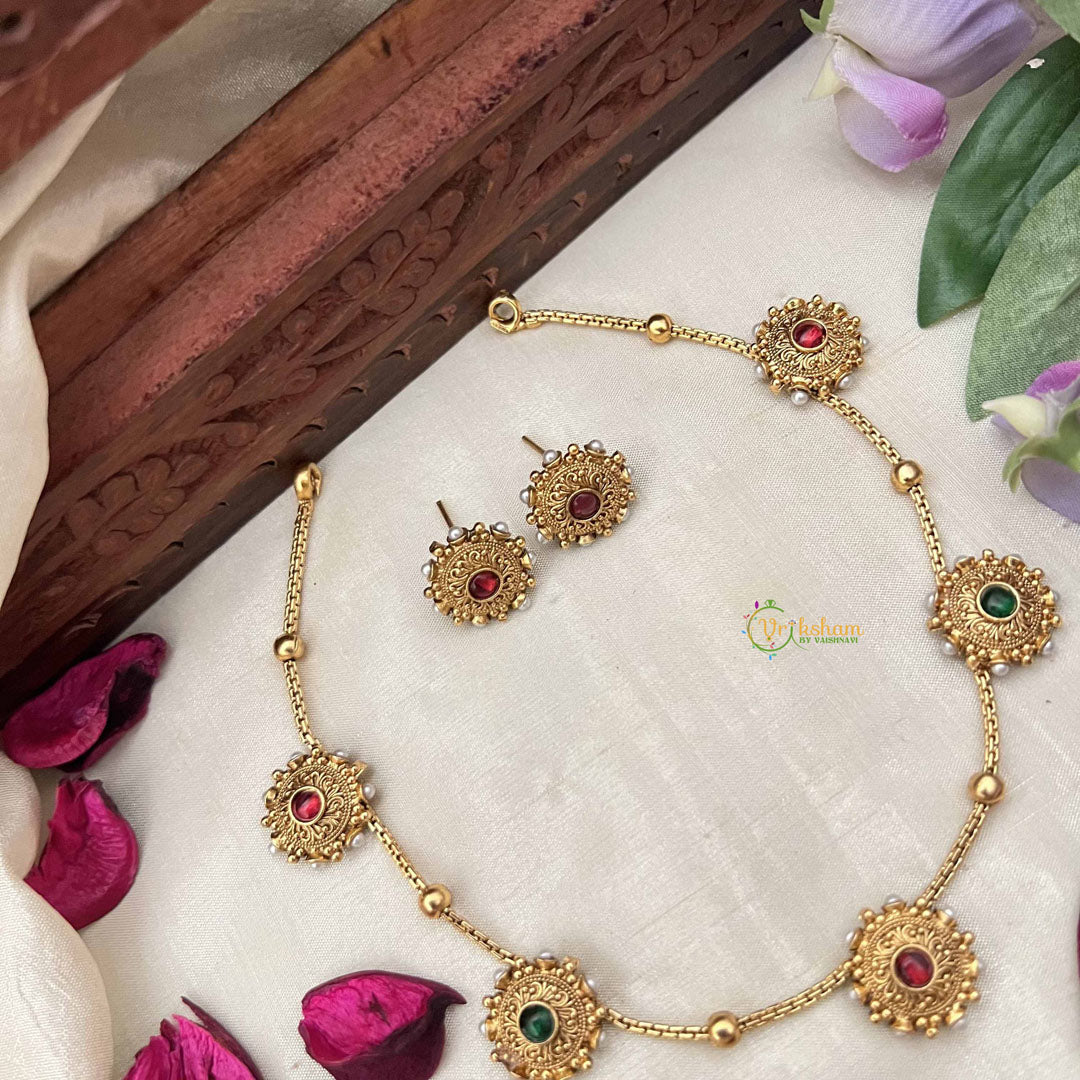 Vriksham Elegant 5 Sunflower Sparkle Gold Tone Round Neckpiece-Red Green-G20381