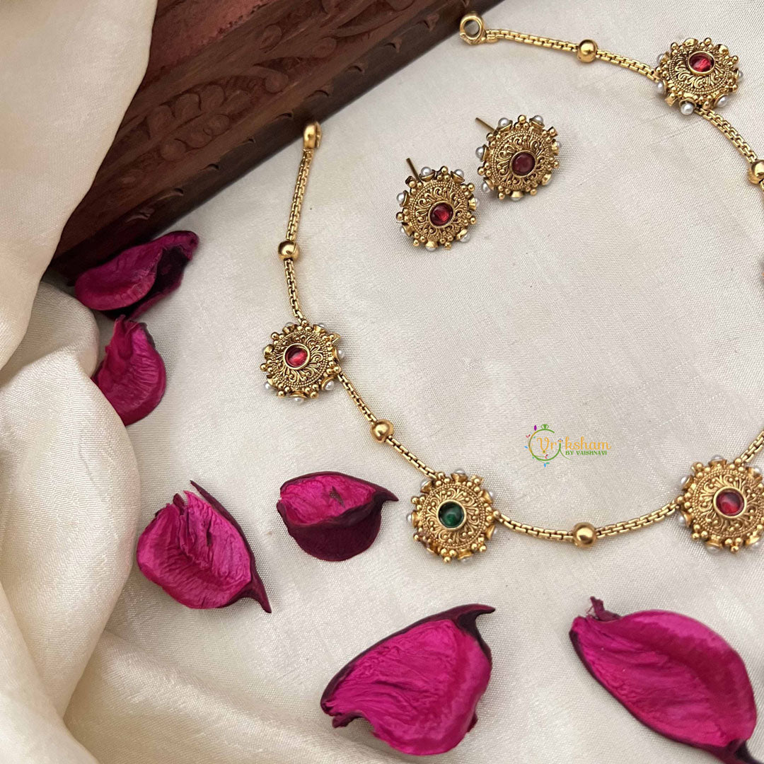 Vriksham Elegant 5 Sunflower Sparkle Gold Tone Round Neckpiece-Red Green-G20381