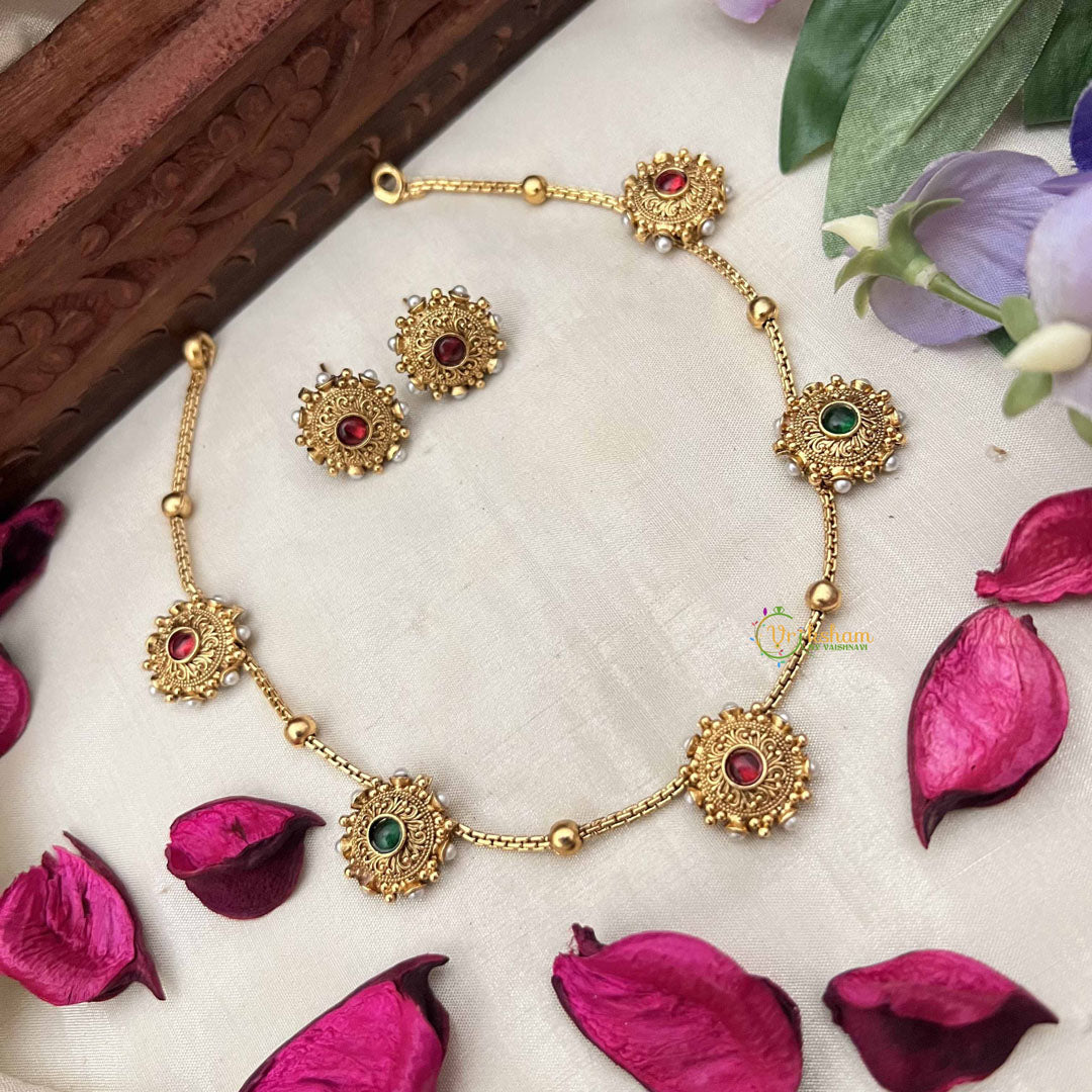 Vriksham Elegant 5 Sunflower Sparkle Gold Tone Round Neckpiece-Red Green-G20381