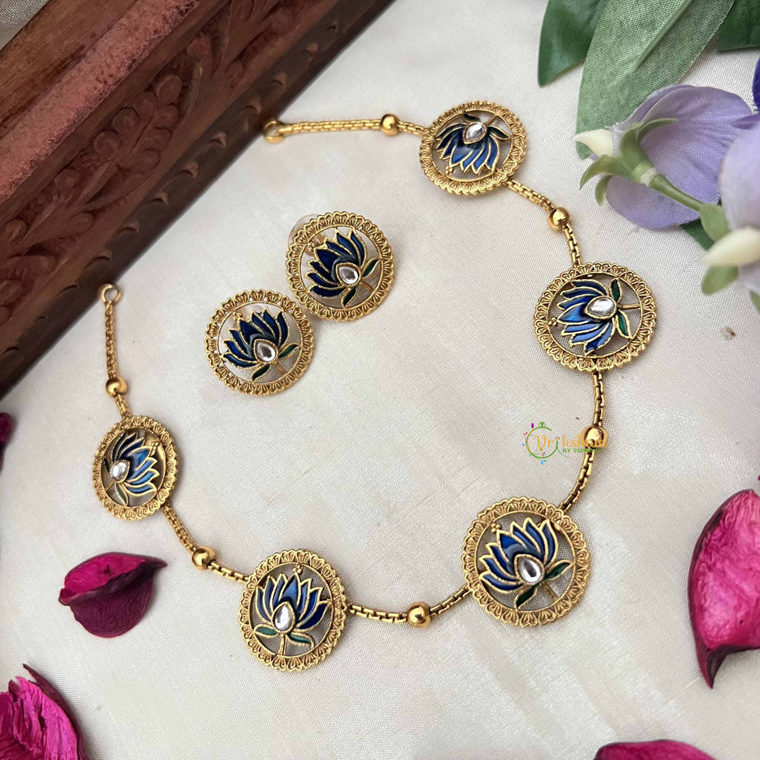 Vriksham Designer Blue Lotus Cham With Green Leaf Neckpiece-G20383