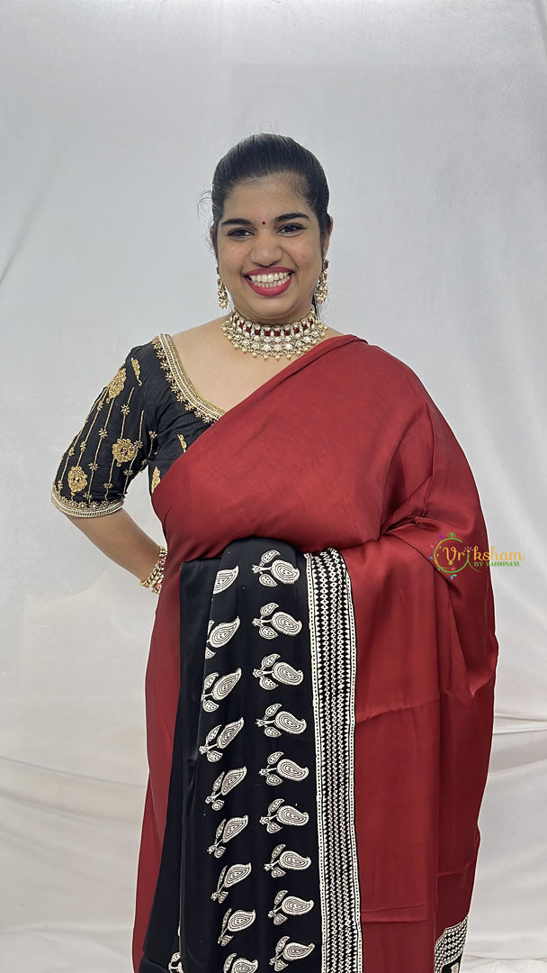 Vriksham Maroon With Black Ajrakh Modal Silk Saree-VS4441