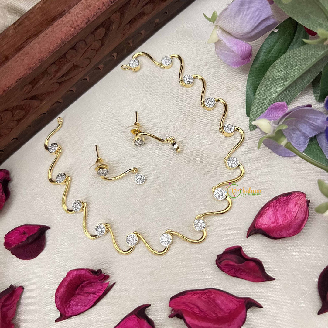 Vriksham Minimalist Gold Wave With Cubic Zirconia Accents AD Stone Neckpiece-G20411