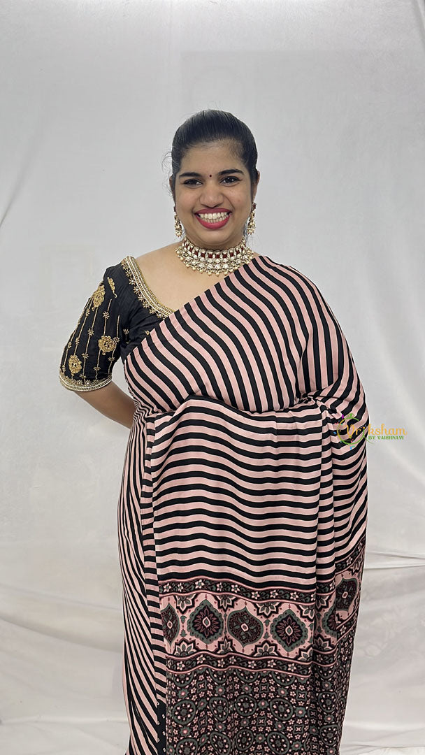Vriksham Cream & Light Pink Striped Print Designer Ajrakh Modal Silk Saree-VS4449