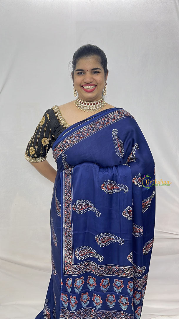 Vriksham Navy Blue Ajrakh Modal Silk Saree-VS4438