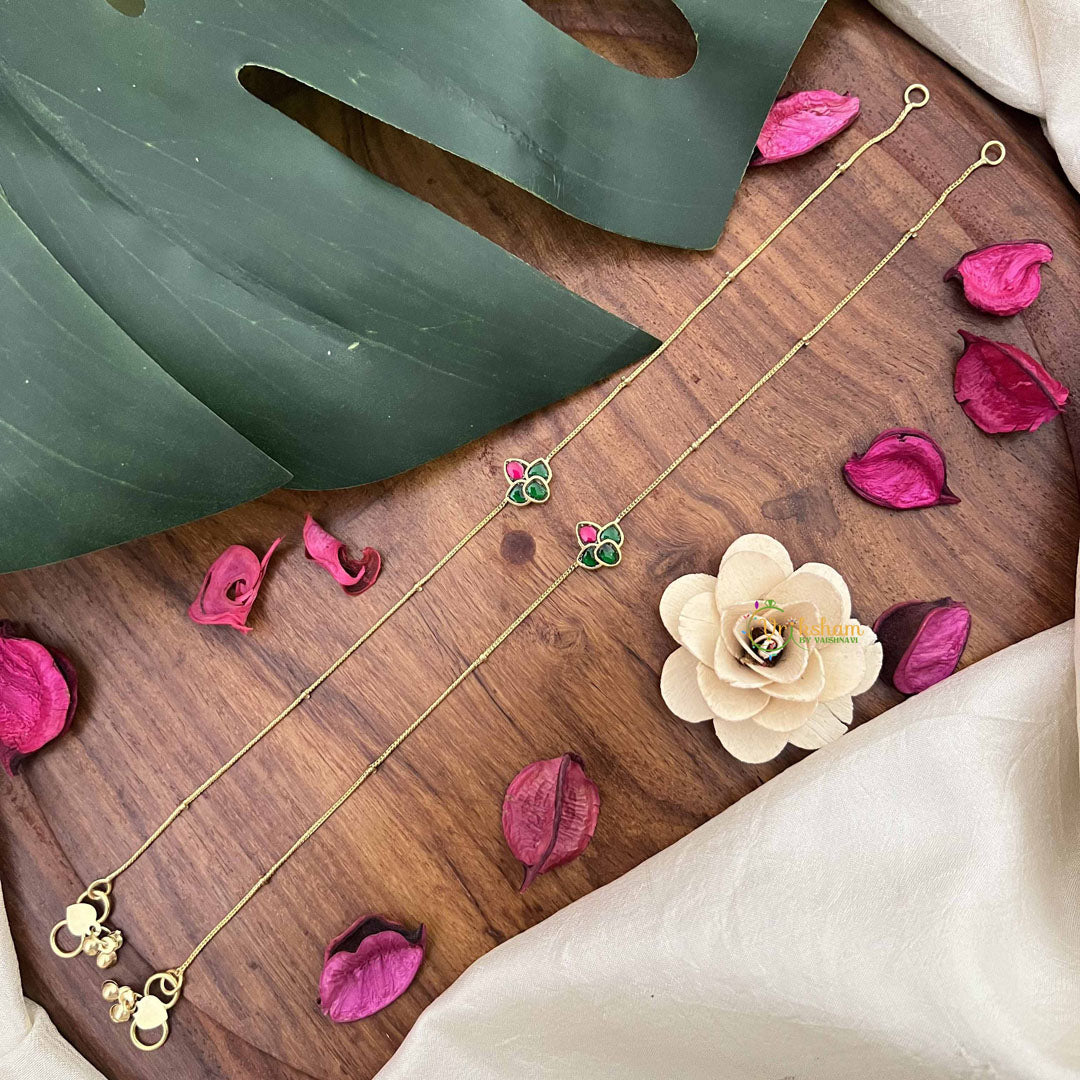 Vriksham Leaf Style Jadau Kundan Anklets-Red Green-J3981