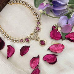 Vriksham Crystal Shine Peacock With Pear Style AD Stone Neckpiece-Red-G20401
