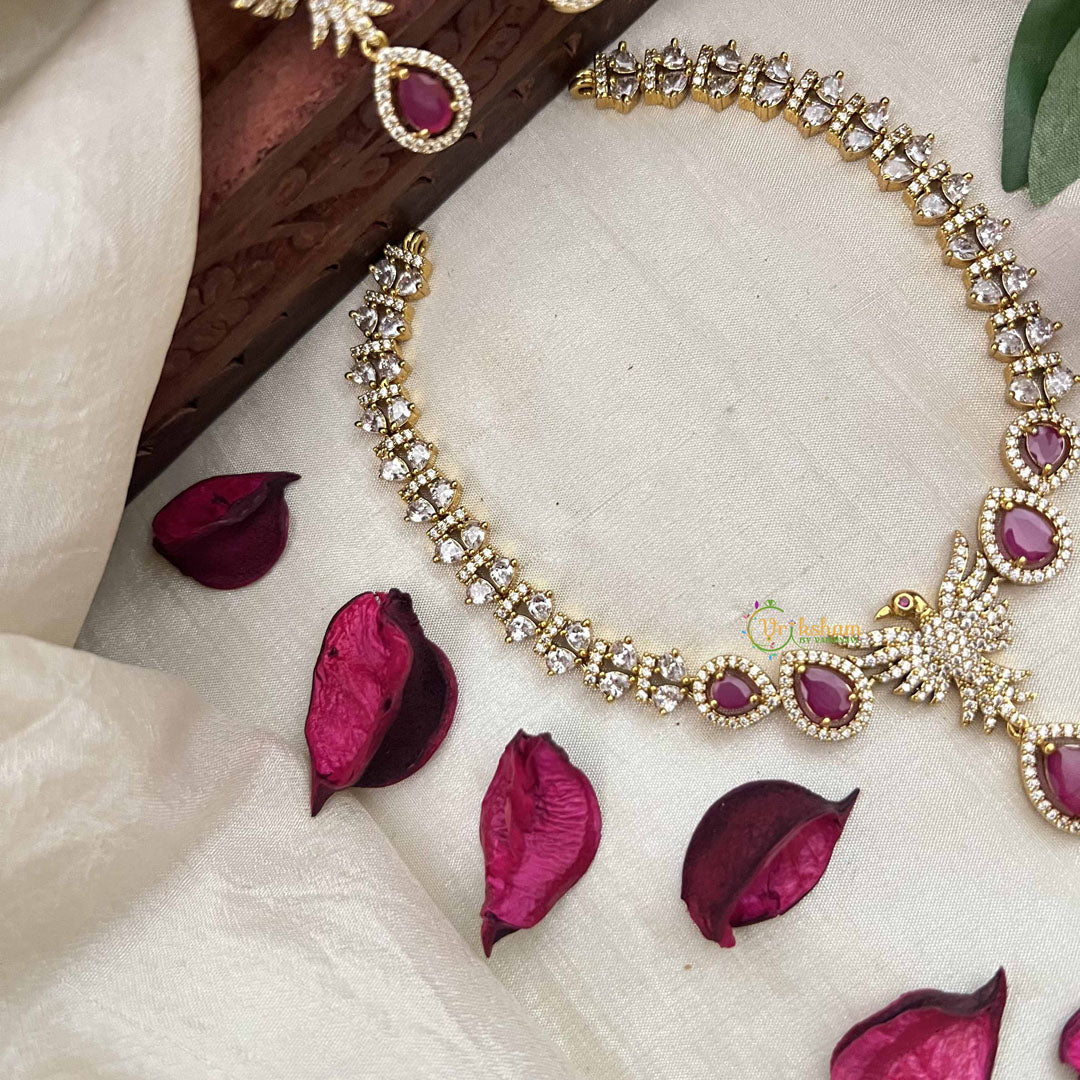 Vriksham Crystal Shine Peacock With Pear Style AD Stone Neckpiece-Red-G20401