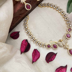 Vriksham Crystal Shine Peacock With Pear Style AD Stone Neckpiece-Red-G20401