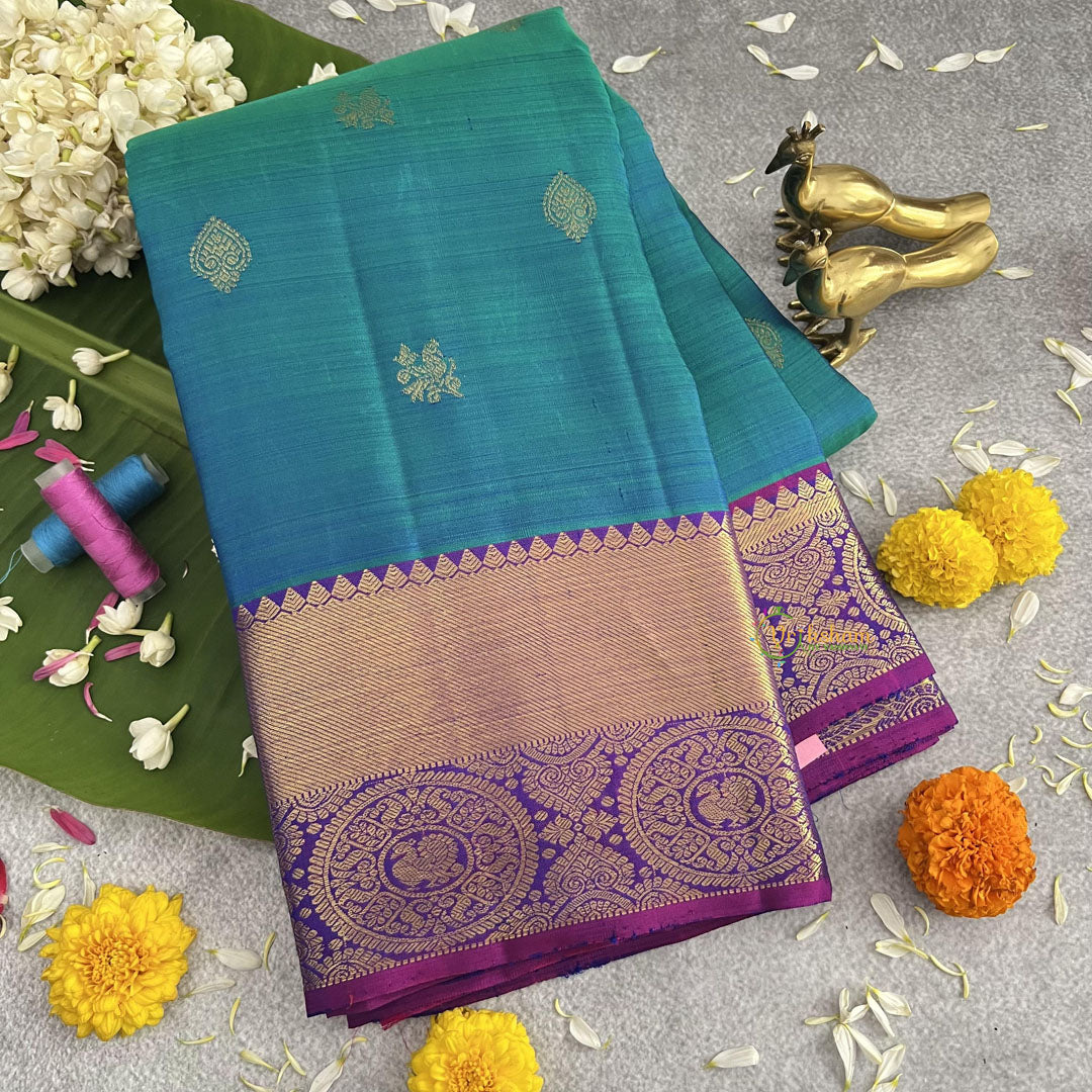 Double Shaded Turquoise Korvai Pure Silk Saree - VS3998