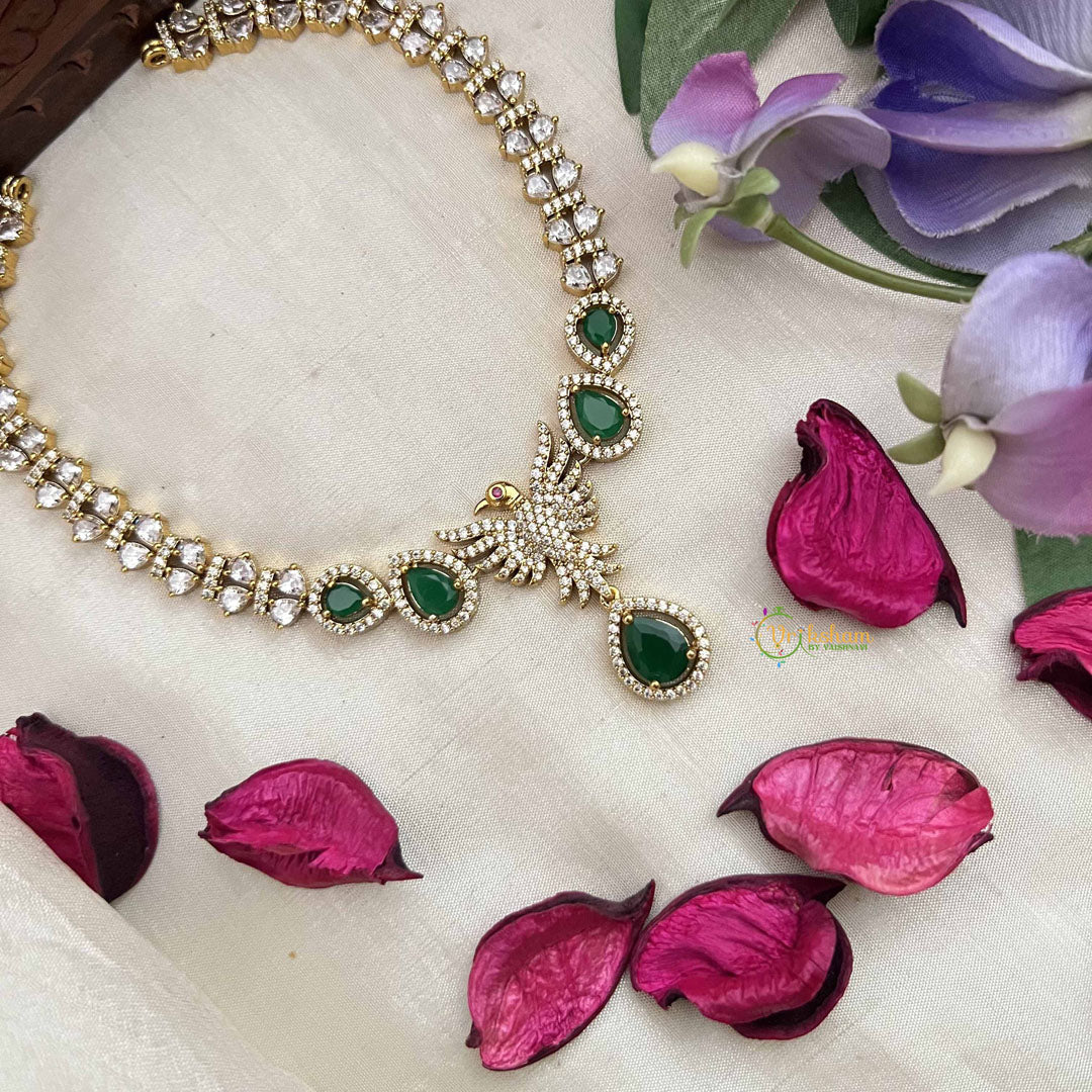 Vriksham Crystal Shine Peacock With Pear Style AD Stone Neckpiece-Green-G20402