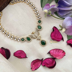 Vriksham Crystal Shine Peacock With Pear Style AD Stone Neckpiece-Green-G20402