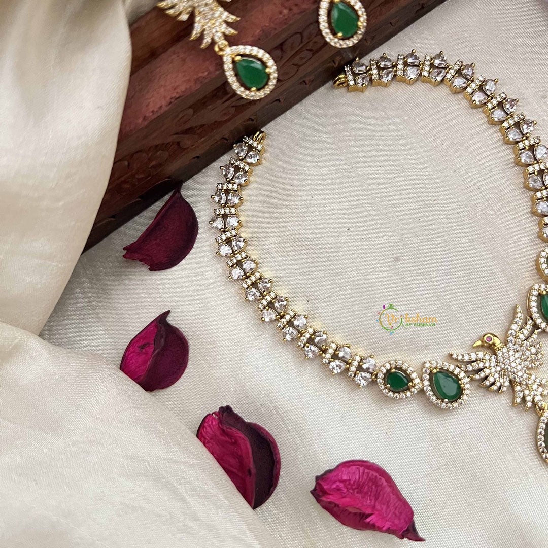 Vriksham Crystal Shine Peacock With Pear Style AD Stone Neckpiece-Green-G20402