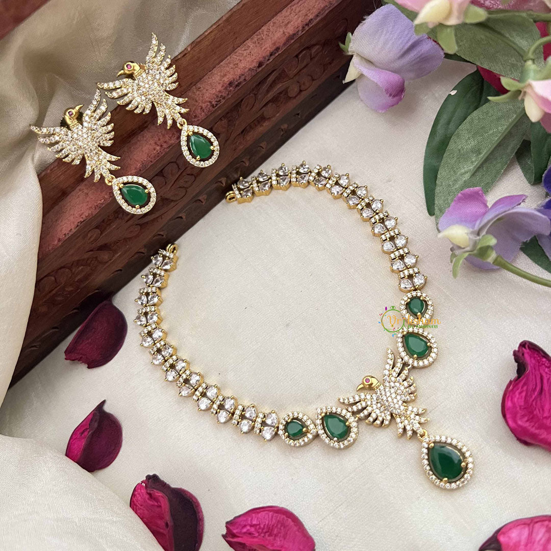 Vriksham Crystal Shine Peacock With Pear Style AD Stone Neckpiece-Green-G20402