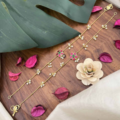 Vriksham Sun Floral Jadau Kundan Anklets-Red Green-Pearls-J3980