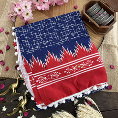 Vriksham Ink Blue Cotton Mulmul Saree With Pom Pom Lace-VS4426