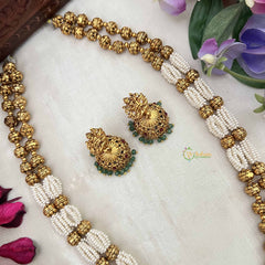 Vriksham Unique Temple Jewelry With Lakshmi Pendant-Pearl & Green Bead Long Neckpiece-G20416