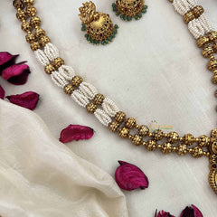 Vriksham Unique Temple Jewelry With Lakshmi Pendant-Pearl & Green Bead Long Neckpiece-G20416
