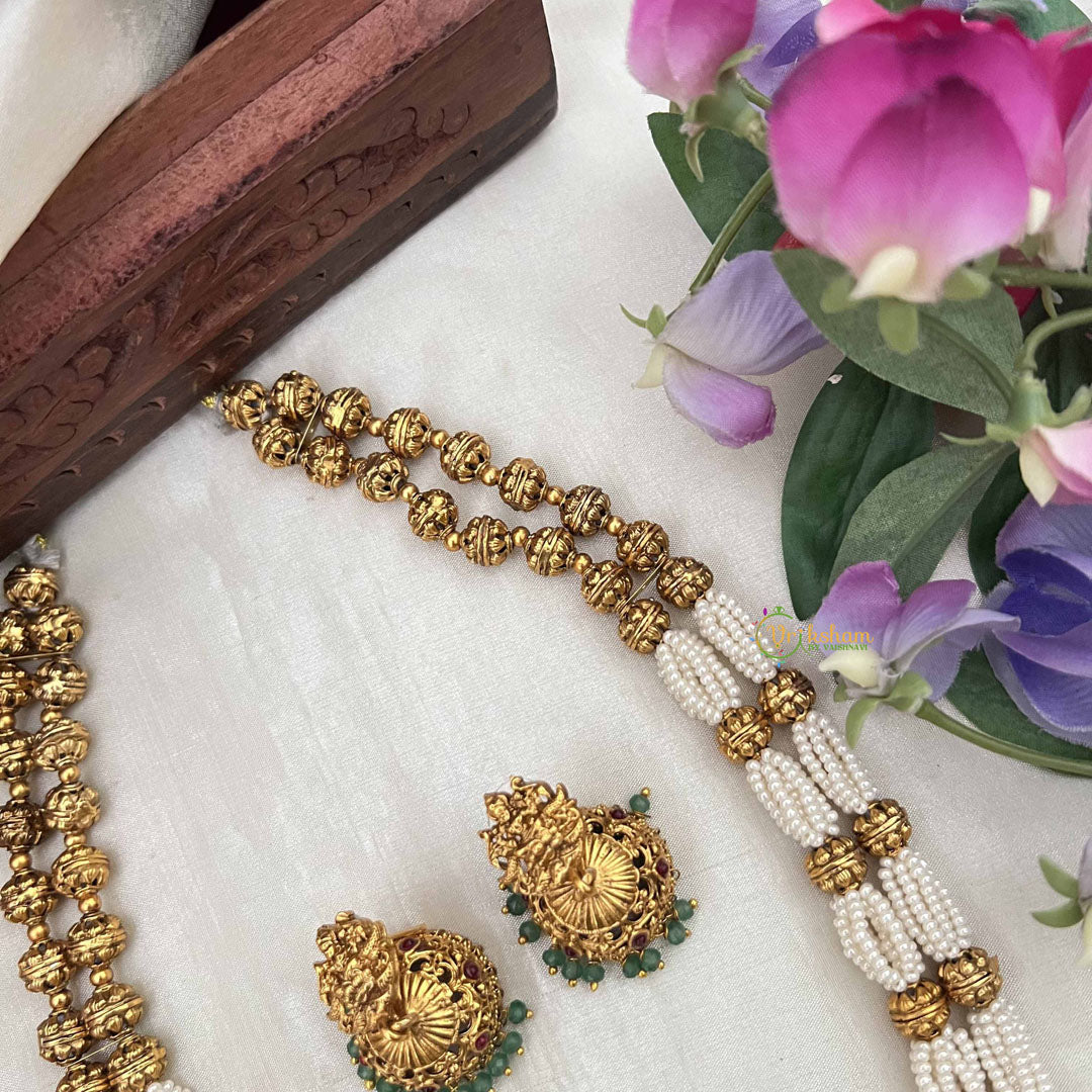 Vriksham Unique Temple Jewelry With Lakshmi Pendant-Pearl & Green Bead Long Neckpiece-G20416