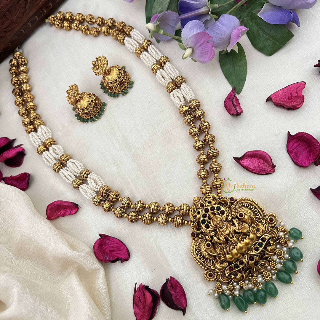 Vriksham Unique Temple Jewelry With Lakshmi Pendant-Pearl & Green Bead Long Neckpiece-G20416