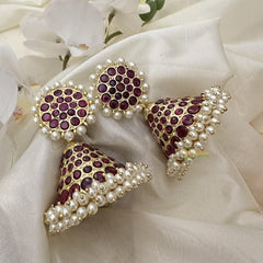 Bridal Red Kemp Stone Jhumka-Pearl-G15107