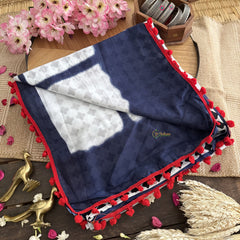 Vriksham White with Dark Blue Cotton Mulmul Saree With Pom Pom Lace-VS4427