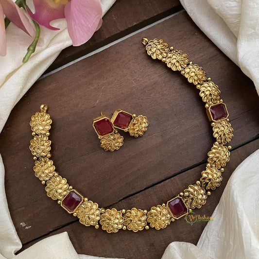 Unique Flower Designed Short Neckpiece-Red-G12728