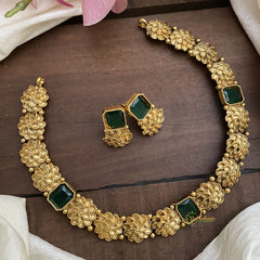 Unique Flower Designed Short Neckpiece-Green-G12727