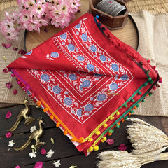 Vriksham Red Cotton Mulmul Saree With Pom Pom Lace-VS4434